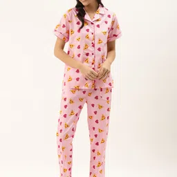 Rapra The Label Women Pink & Yellow Pizza Printed Pure Cotton Night Suit With Eye Mask-image-92