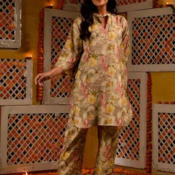 DIMPLE DESIGN STUDIO Mandarin Collar Printed Pure Cotton Tunic With Trousers-image-44