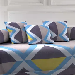 Arrabi Set Of 6 Blue & Grey Geometric Printed Diwan Set image 3