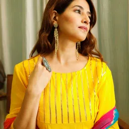 Thread & Button Women Yellow Lace Work A-Line Kurta with Palazzos & With Printed Dupatta image 2
