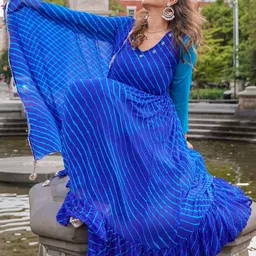 Thread & Button Women Blue Printed Anarkali Kurta With Dupatta image 2