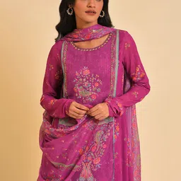 WISHFUL Pink Floral Printed Sequinned Kurta With Dupatta image 2
