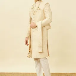 Manyavar Beige Self-Design Sherwani & Solid Pyjama with Matching Dupatta image 3