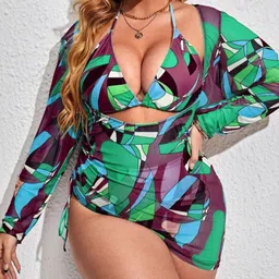 Plus Curvves Plus Size Printed Halter Neck Sleeveless Bikini Bra With Brief & Cover Up image 3