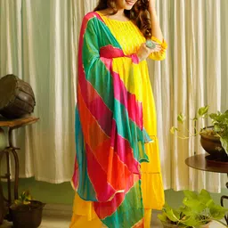 Thread & Button Women Yellow Lace Work A-Line Kurta with Palazzos & With Printed Dupatta image 3