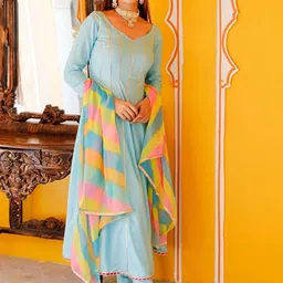 Thread & Button Women Striped Pure Cotton Kurta with Trouser & With Dupatta image 3