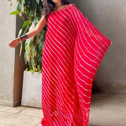 Thread & Button Red & White Chiffon Kaftan Maxi Dress image 3