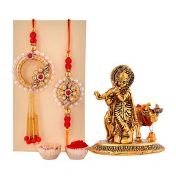 CraftVatika Set Of 3 Stone Studded & Beaded Rakhi With Krishna Idol & Roli Chawal image 4