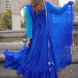 Thread & Button Women Blue Printed Anarkali Kurta With Dupatta image 4