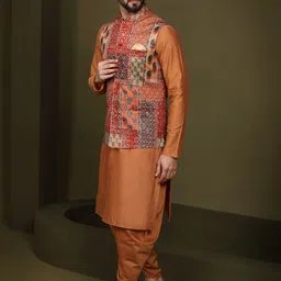 KISAH Men Abstract Printed Regular Fit Kurta Jacket Dhoti Set image 5
