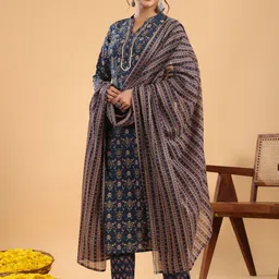 Janasya Ethnic Motifs Printed Regular Pure Cotton Kurta with Trousers & With Dupatta image 3