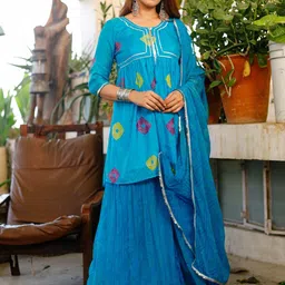 Thread & Button Women Printed Empire Silk Chiffon Kurta with Palazzos & With Dupatta image 5