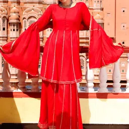 Thread & Button Women Red Striped Gotta Patti Pure Cotton Kurta with Sharara & With Dupatta image 5