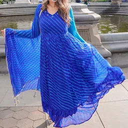 Thread & Button Women Blue Printed Anarkali Kurta With Dupatta image 5