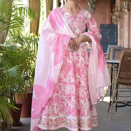 BAESD Floral Printed Regular Mirror Work Anarkali Kurta With Trousers & Dupatta image 5
