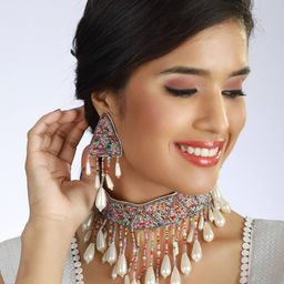 Sangria Gold-Plated Studded & Beaded Choker Jewellery Set-image-29