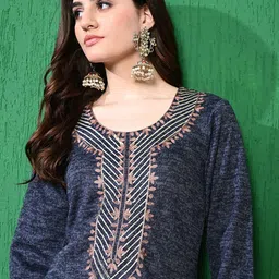 Sangria Embroidery Woven Design Round Neck Straight Winterwear Kurta & Trousers-picture-36