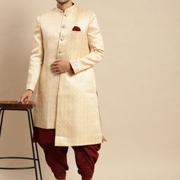 KISAH Men Cream & Maroon Woven Design Cotton Sherwani Set-image-111