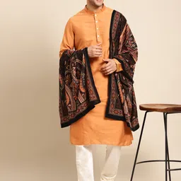KISAH Men Mustard Yellow & White Kurta with Churidar & Shawl-picture-30