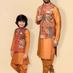 KISAH Men Abstract Printed Regular Fit Kurta Jacket Dhoti Set image 1