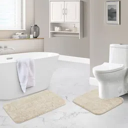 OBSESSIONS Cream-Coloured 2 Pcs 2200 GSM Anti-Skid Bath Rug With Contour Mat-11