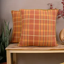 Aura Rust & Yellow 2 Pieces Striped Cotton Square Cushion Covers-48