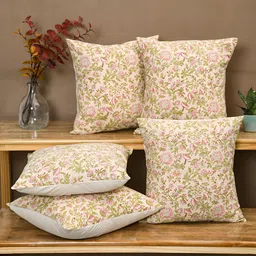 Aura Pink & Cream 5 Pieces Floral Square Cushion Covers-image-34