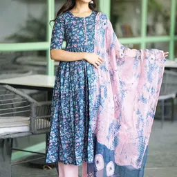 GoSriKi Floral Printed Round Neck Anarkali Kurta With Trousers And Dupatta-47