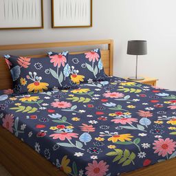 KLOTTHE Blue & Yellow Floral Printed 300 TC Double King Bedsheet With 2 Pillow Covers-image-53