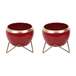 Amaya Decors Set Of 2 Gold-Toned & Red Solid Planters With Stand-52