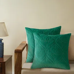 Aura Green & Gold-Toned Set of 2 Floral Velvet Square Cushion Covers-21