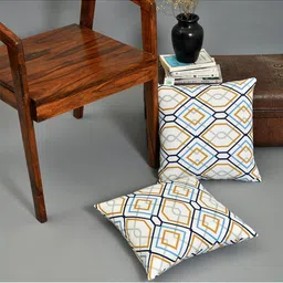 HOMEMONDE White & Blue Set of 2 Geometric Square Cushion Covers-16