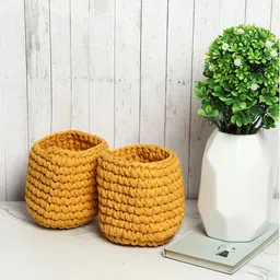 HABERE INDIA Yellow Set of 2 Jute Crochet Baskets-image-28