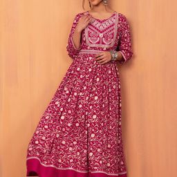 Rang by Indya Floral Printed Embellished Maxi Fit and Flare Ethnic Dress-image-3