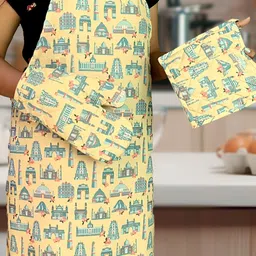MAATIR DESIGNS Yellow & Blue 3Pieces Printed Pure Cotton Apron Set-picture-35