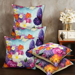 ROMEE Blue & Red 5 Pieces Floral Square Cushion Covers-40