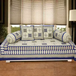 INDHOME LIFE Beige & Blue 6 Pieces Printed 200 TC Pure Cotton Diwan Set-picture-19