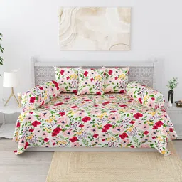 Salona Bichona Set Of 6 Red & White Printed 144 TC Diwan Set-5