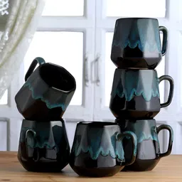Arrabi Blue & Black 6 Pcs Handcrafted Printed Stoneware Matte Cups 220 ml Each-11