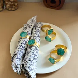 HOMEARTE Green & Gold Toned 6 Pieces Crystal Agate Metal Napkin Rings Set-21