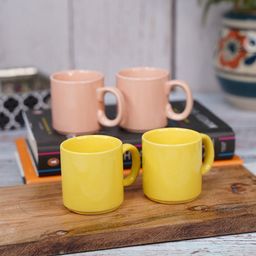LIVING ROOTS Yellow & Peach-Coloured 4 Pieces Ceramic Glossy Cups-110ml Each-2