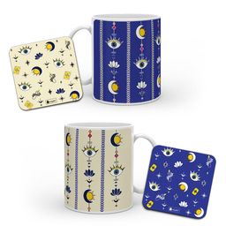 Indigifts Evil Eye Printed Set of 2 Ceramic Coffee Mugs with a Pair of Coasters-58