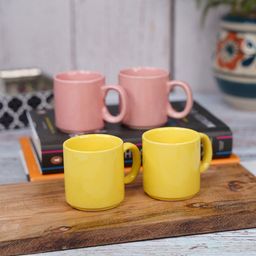 LIVING ROOTS 4 Pieces Yellow & Peach-Coloured Solid Ceramic Glossy Cups -110 ML-6