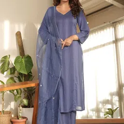 OneWe V-Neck Pure Cotton Straight Kurta With Trousers & Dupatta-image-7
