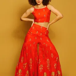 Sera Women Ethnic Motifs Printed Shoulder Straps Fitted Crop Top With Sharara-32