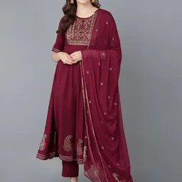AHIKA Women Burgundy Ethnic Motifs Yoke Design Kurti with Trousers & With Dupatta-picture-2
