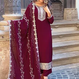 KALINI Floral Embroidered Round Neck Three-Quarter Sleeves Kurta Set-picture-30