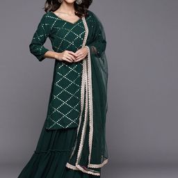 Libas Women Green Embroidered Mirror Work Kurta with Sharara & With Dupatta-picture-28