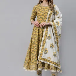 Divena Women Mustard Yellow Floral Printed Pure Cotton Kurta with Trousers & With Dupatta-picture-9
