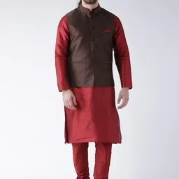 DEYANN Mandarin Collar Dupion Silk Straight Kurta Churidar And Nehru Jacket With Pockets-picture-21